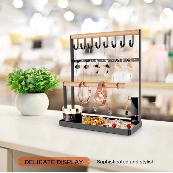 New-4 Tier Wood/Metal Jewelry Rack Stand Jewelry Wooden Tower Multi Storage - Picture 1 of 8